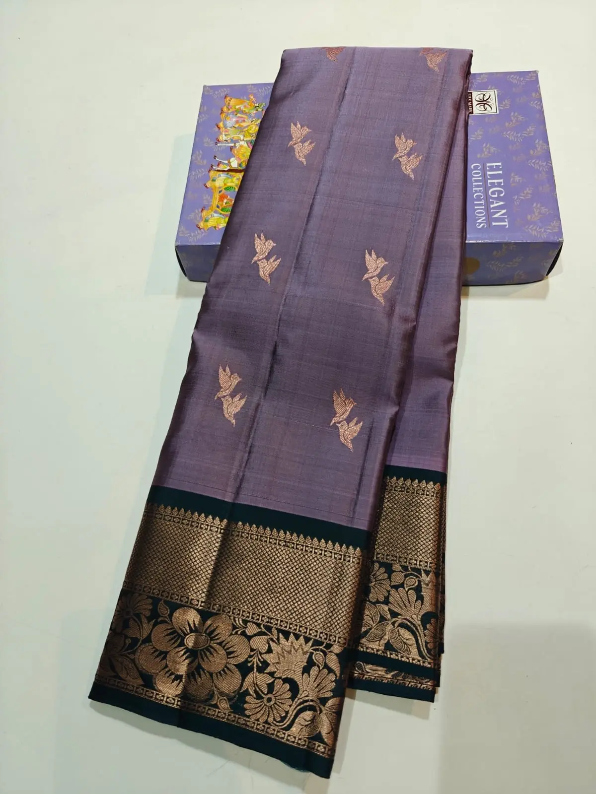 Gold Zari-Woven Flying Bird Motifs Kanchi Soft Silk Saree